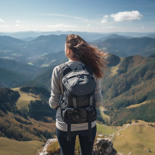 A Young Woman with a bagpack on the top of a mountain View of Drone