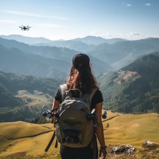 A Young Woman with a bagpack on the top of a mountain View of Drone