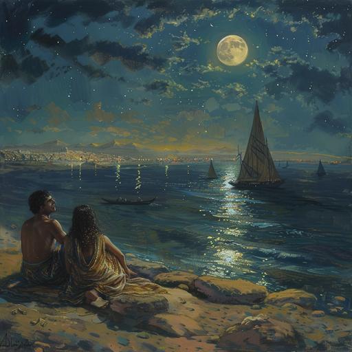 the moon in Cairo at night over the SEA at the Sand laying two best Friends man and Woman