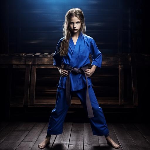 Create a ultra realisic 4k image of a teenage girl in royal blue karate trousers and a riyal blue t-shirt with a black karate belt tied around her waist breaking a wooden board with a front kick with a black background