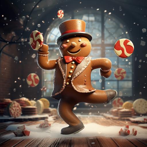 a gingerbread character with a top hat and a cane dancing with gum drops