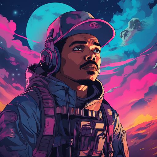 chance the rapper as an anime character in a dark sci-fi landscape