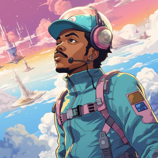 chance the rapper as an anime character in a sci-fi landscape