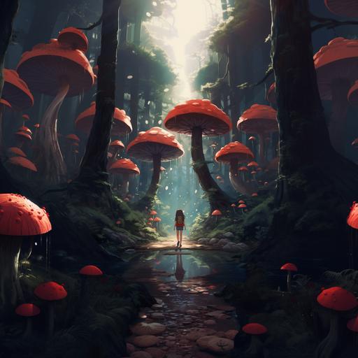 studio ghibli style forest with mushrooms and girl hiking