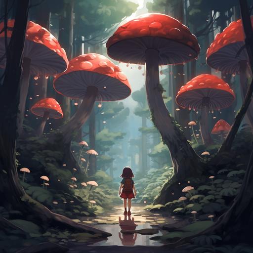studio ghibli style forest with mushrooms and girl hiking