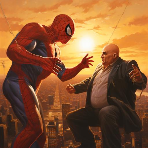 spiderman fighting wilson fisk who looks viscious, in new york, at sunrise,