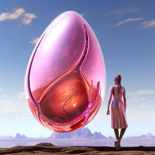 metaverse calv woman with a pink yoni egg in her hand