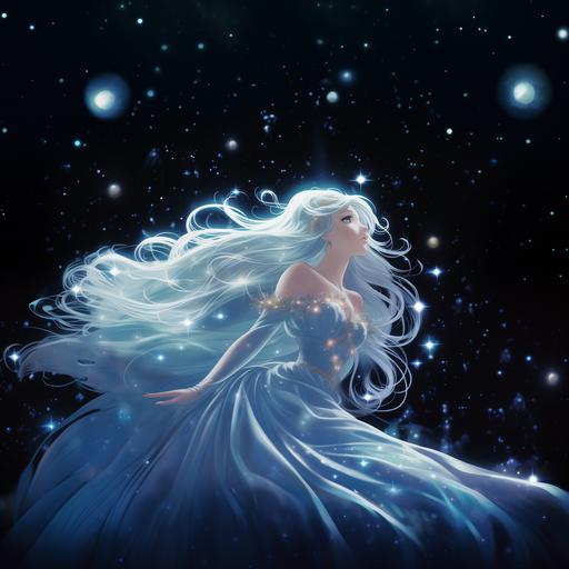 90s fantasy anime image of beautiful ethereal moon goddess with long silver hair, glittering formfitting sheer gown embellished with opals, floating ethereally in zero gravity surrounded by twinkling stars, seen head to toe from a slight distance, nostalgic 90s anime filter with slight grain and soft-focus effect, studio ghibli style character, soft diffused lighting, dreamy aesthetic