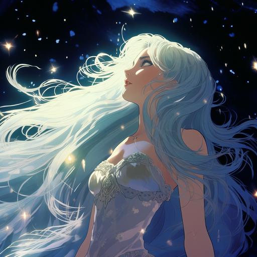 90s fantasy anime studio ghibli illustration of beautiful and fierce ethereal moon goddess warrior with long silver hair, summoning starlight around her fingertips, floating ethereally in zero gravity surrounded by twinkling stars, seen head to toe from a slight distance, nostalgic 90s anime filter, slight grain, soft-focus effect, soft diffused lighting