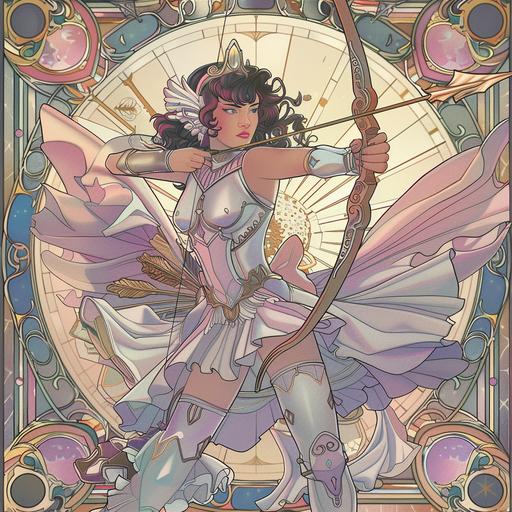 artwork for a tarot card depicting a 90s anime beautiful female celestial archer radiating power, wearing feminine armor, billowing skirts, opulent pearl jewelry, Sagittarius symbolism and attributes, art nouveau influence composition, stylized celestial art nouveau elements and costume, romantic, retro anime grain with hazy filter, emphasize color palette of muted pinks and blues and purples, strong 90s anime Sailor Moon influence mixed with Alphone Mucha composition