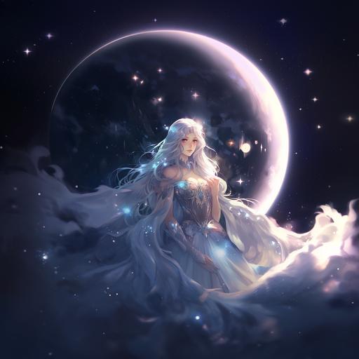 fantasy Castlevania style anime image of beautiful ethereal moon goddess with long silver hair, glittering formfitting sheer gown embellished with opals, floating ethereally in zero gravity surrounded by twinkling stars, seen head to toe from a slight distance, nostalgic 90s anime filter with slight grain and soft-focus effect, Castlevania style character, soft diffused lighting, dreamy aesthetic