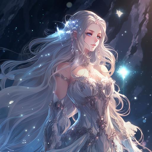 fantasy Castlevania style anime image of beautiful ethereal moon goddess with long silver hair, glittering formfitting sheer gown embellished with opals, floating ethereally in zero gravity surrounded by twinkling stars, seen head to toe from a slight distance, nostalgic 90s anime filter with slight grain and soft-focus effect, Castlevania style character, soft diffused lighting, dreamy aesthetic