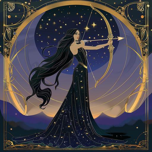 fantasy art nouveau illustration style tarot card depicting a beautiful woman with long black hair representing Sagittarius, wearing an ethereal long glittering black tulle gown, drawing a golden bow and arrow, stylized moon with art nouveau decorations framing the woman, purple blue and black twilight sky with stars and mountains in the background