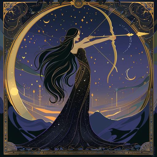 fantasy art nouveau illustration style tarot card depicting a beautiful woman with long black hair representing Sagittarius, wearing an ethereal long glittering black tulle gown, drawing a golden bow and arrow, stylized moon with art nouveau decorations framing the woman, purple blue and black twilight sky with stars and mountains in the background