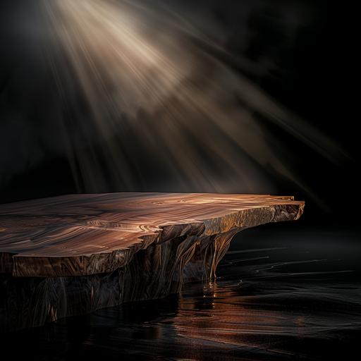 realistic moody studio product image with dramatic lighting, showing a cofee table. The coffee table is a unique piece of furniture crafted from a single large slab of wood, maintaining its natural and organic edges. The surface and sides display the intricate and varied wood grain, which has been polished to a smooth finish, highlighting the rich, warm tones of the wood. Its design is asymmetrical due to the natural shape of the wood, with curves and indents that give it a sculptural feel.