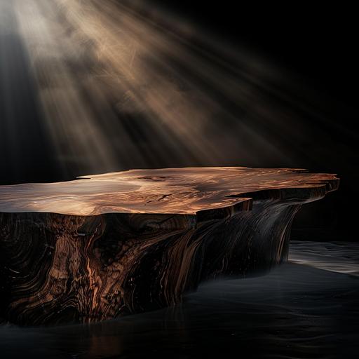 realistic moody studio product image with dramatic lighting, showing a cofee table. The coffee table is a unique piece of furniture crafted from a single large slab of wood, maintaining its natural and organic edges. The surface and sides display the intricate and varied wood grain, which has been polished to a smooth finish, highlighting the rich, warm tones of the wood. Its design is asymmetrical due to the natural shape of the wood, with curves and indents that give it a sculptural feel.