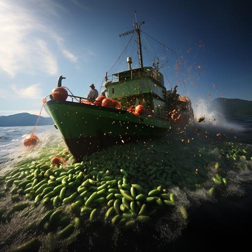 deadliest catch bean edition, the crews of a fishing boat struggle to get a giant bean on board, fishing for beans, bean fisherman, in the ocean --c 15 --s 250 --no blood