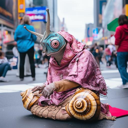snail street performer in times square, bad snail costume