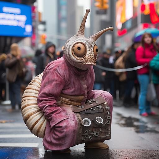 snail street performer in times square, bad snail costume