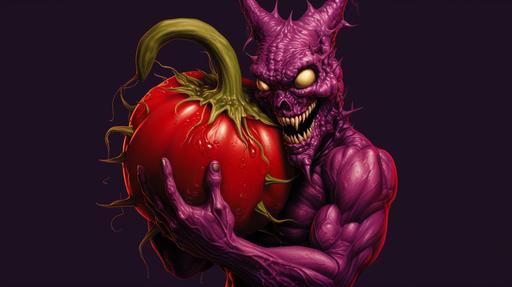 a purple satan hell devil, hugs a red vegitable eggplant --ar 16:9