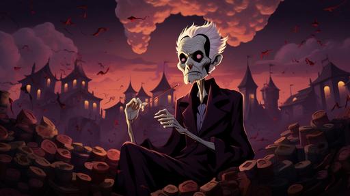 in the style of a cartoon create a scene in which a living eggplant, and a very old vampire, with widows peak short white hair, gaunt face, and smoking a ciggarette, surrounded by hundreds of coffins opening up --ar 16:9 --v 5.2