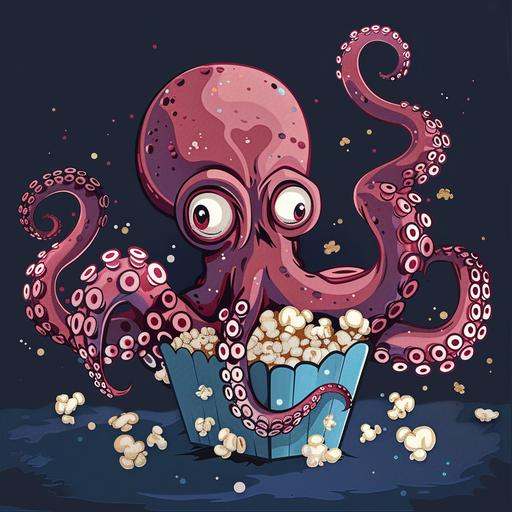 16 bit, cartoon image, octopus eating popcorn --ar 1:1 --v 6.0