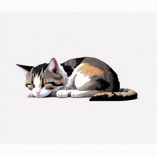 16-bit pixel art, cute cat, mainly white and black fur with orange accent, full body, sleeping, front on, isolated on white background --v 4 --no outline