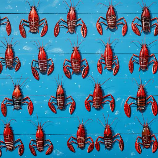 16 cartoon crawfish painted on a blue canvas with symetrical spacing