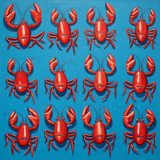16 cartoon crawfish painted on a blue canvas with symetrical spacing