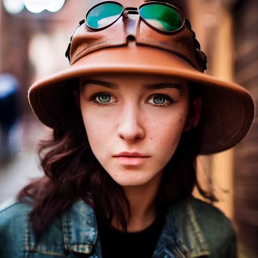 16 year old brunette girl with brown eyes and shoulder length hair, kneeling in a trashy littered alleyway while smoking a cigarette, and wearing brown leather aviator hat, retro sunglasses, oversized drab green jacket, punk band t-shirt, grey tattered jeans, and black leather combat boots, Canon 5D, hyperrealistic photograph, --testp