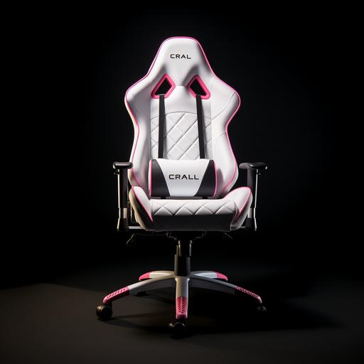 a black and white gaming chair, with very subtle pink lining, sponsored by a make up brand, chari only, black background