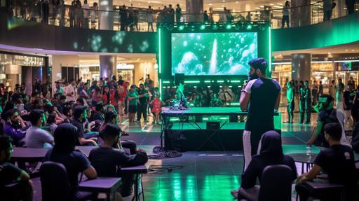 a final of a community esports tournament hosted in a mall for a football game played on a gaming console, there should be a small stage and screen area, 2 gamers competing on stage, main colours are green, black and white, football game, dubai style mall, daytime, open area, mall activation, led screen & stage, esports. --ar 16:9