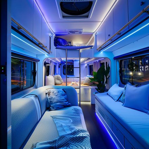 a lounge area inside a bus, with a single sleeper bed at the back, open area, modern, main colours blue