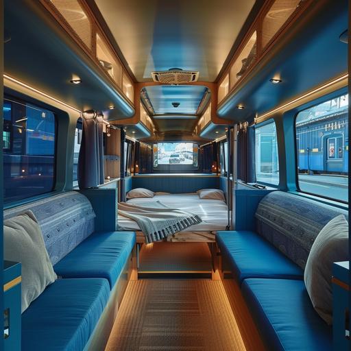 a lounge area inside a bus, with a single sleeper bed at the back, open area, modern, main colours blue