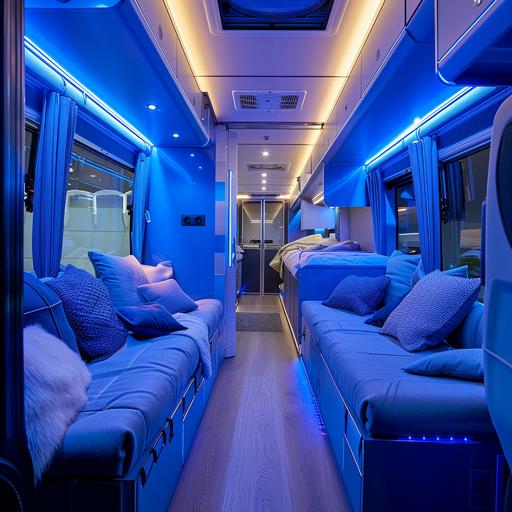 a lounge area inside a bus, with a single sleeper bed at the back, open area, modern, main colours blue