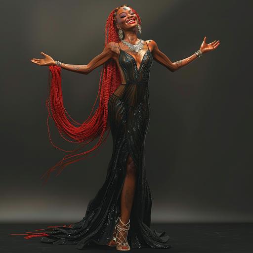 archaeopteryx create a 3D hyper realistic, photorealistic, very detailed image of a tall 5ft8 inches Nigerian lady with long red braids, she is beautiful, smiling and dancing and grateful to GOD for the good news she heard. She is wearing a beautiful long black dress with diamanté appliqué. She is wearing beige high heels , silver earrings, silver necklace and silver wristwatch and silver bracelet. Archeopotary