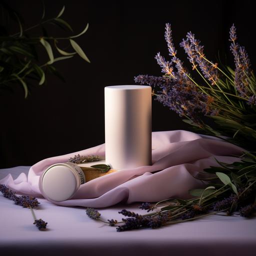 product shot of a cylindrical box on top of silky pillow surrounded by lavender fiel in 16:9