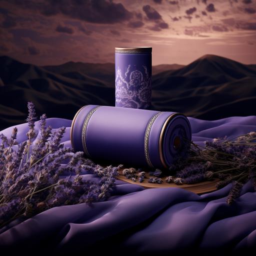 product shot of a cylindrical box on top of silky pillow surrounded by lavender fiel in 16:9