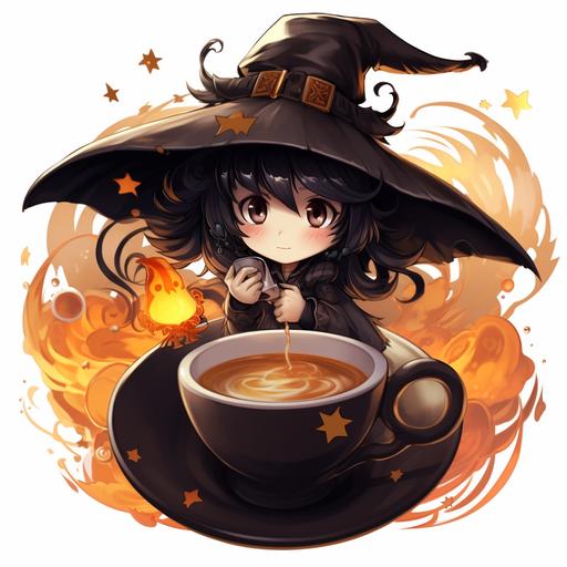 anime style witch with black hair wearing a witch hat flying on a broom with a coffe cup as a cauldron