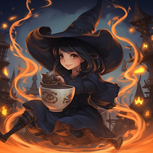 anime style witch with black hair wearing a witch hat flying on a broom with a coffe cup as a cauldron
