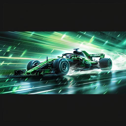 A high resolution artistic rectangular wall banner design for energetic green racing F1 car speeding to win the race. The design should have immersive green and blue colors encapsulating speed with dynamic elements and high intensity. The race is taking place at night with drizzle. The size of the banner is 730cm x 280cm. The core of the design should start after 100cm from the bottom.
