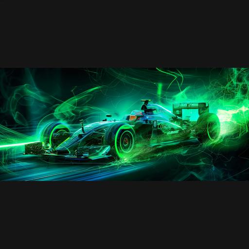 A high resolution artistic rectangular wall banner design for a moving racing car with predominant green color with led lights. The design should have immersive green and blue colors encapsulating speed with dynamic elements and high intensity. The overall lighting theme is night with dark background. The size of the banner is 730cm x 280cm. The core of the design should start after 100cm from the bottom.