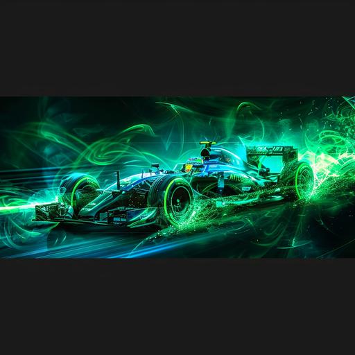A high resolution artistic rectangular wall banner design for a moving racing car with predominant green color with led lights. The design should have immersive green and blue colors encapsulating speed with dynamic elements and high intensity. The overall lighting theme is night with dark background. The size of the banner is 730cm x 280cm. The core of the design should start after 100cm from the bottom.