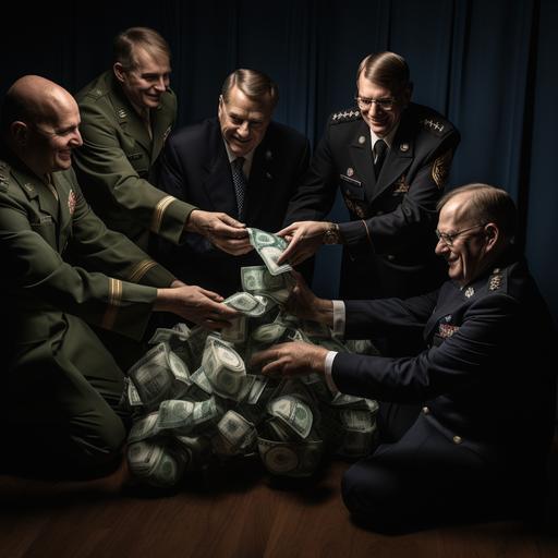 u.s. lawmakers handing over a bag of money to foreign generals with sharp focus on their off-putting smiles
