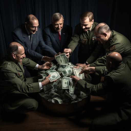u.s. lawmakers handing over a bag of money to foreign generals with sharp focus on their off-putting smiles