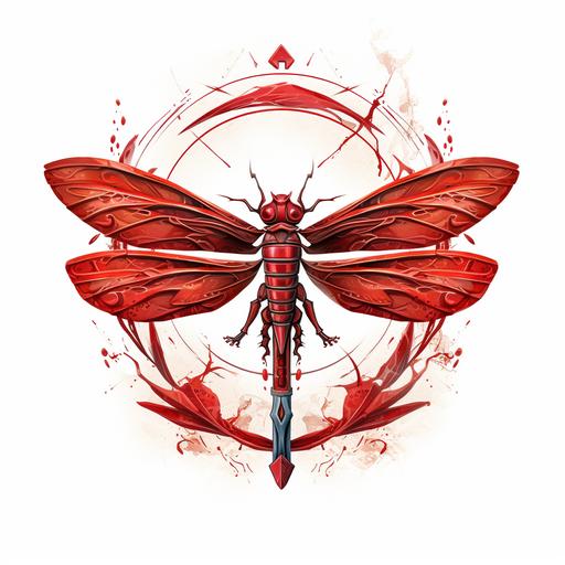 red dragonfly flying in a gladiator helmet, holding a spear, logo, bottom right hand corner, flying, happy, white background, 2 dimensional, modern