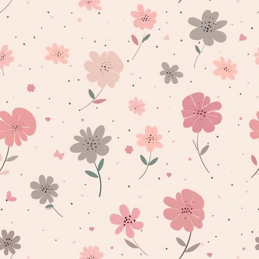 A light pink background, flat, with only 2 colors of pastel cartoon flowers, those colors are pink and grey, the flowers are scattered randomly around the page --v 6.0