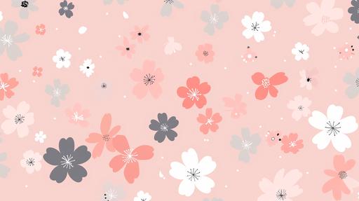 A light pink background, flat, with only 2 colors of pastel cartoon flowers, those colors are pink and grey, the flowers are scattered randomly around the page --ar 16:9 --v 6.0