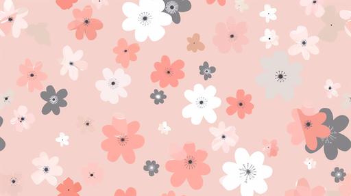 A light pink background, flat, with only 2 colors of pastel cartoon flowers, those colors are pink and grey, the flowers are scattered randomly around the page --ar 16:9 --v 6.0