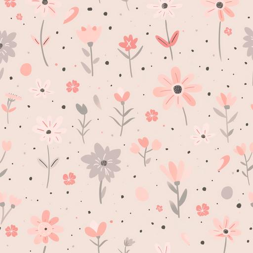 A light pink background, flat, with only 2 colors of pastel cartoon flowers, those colors are pink and grey, the flowers are scattered randomly around the page --v 6.0